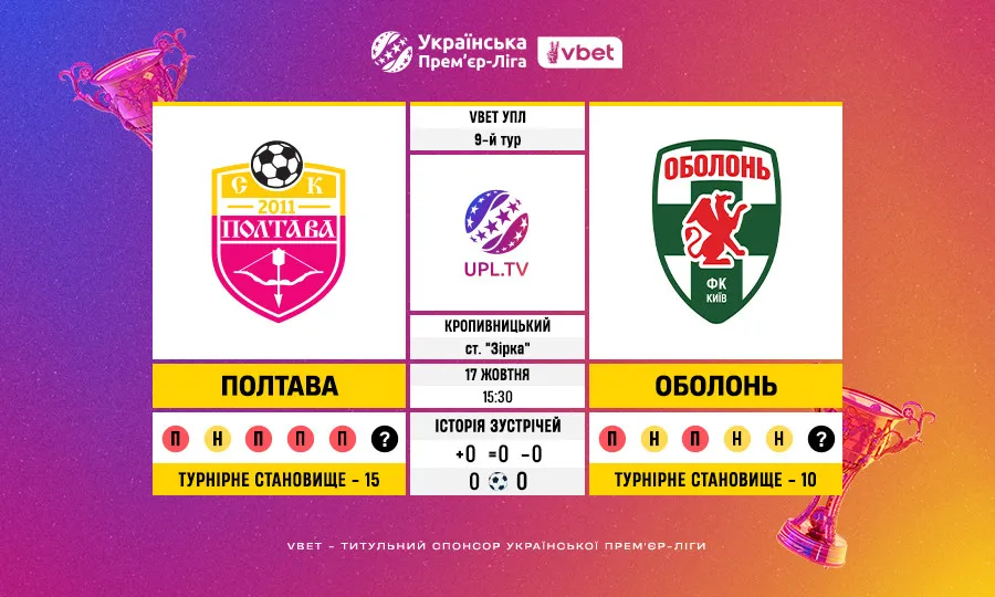 Полтава – Оболонь: статистичне прев’ю до матчу 9-го туру VBET Української Прем’єр-ліги
